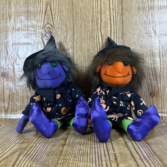 Vintage Applause Halloween Witches Plush Purple & Orange Lot Of 2 - Picture 1 of 15